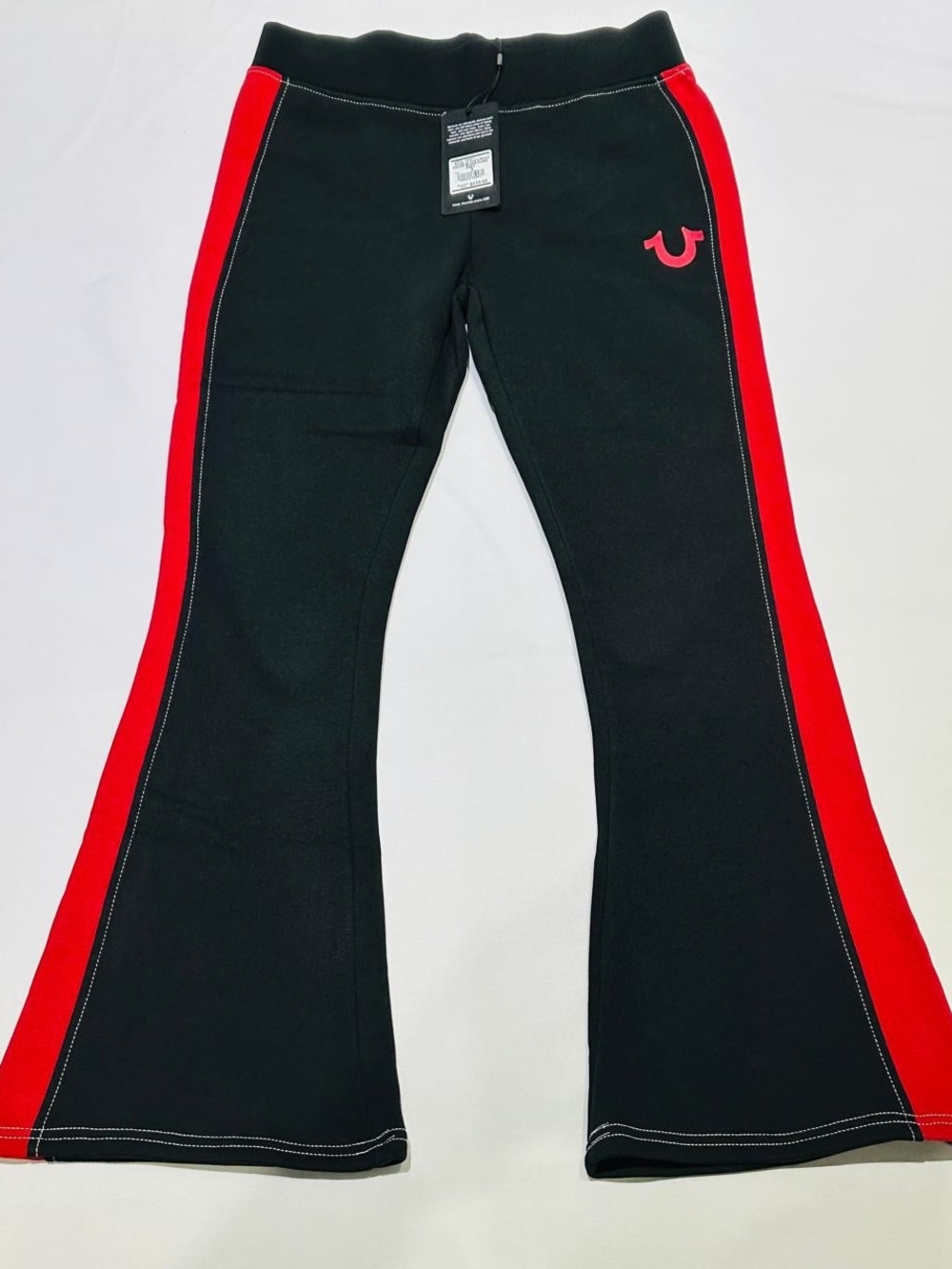 NWT🔥 True Religion Women’s Flare Pants Jet Black / TRV Red Color Block Size S